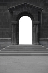 mock-up. arched doorway of orthodox armenian church. medieval door with arch and columns. front...