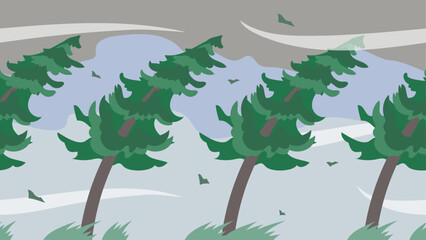 強風に吹かれる木々の背景イラスト。シームレスなベクターイラスト。Background illustration of trees blowing in strong winds. Seamless vector illustration.
