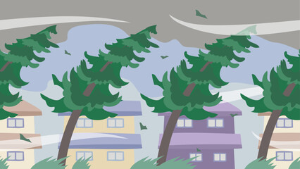強風に吹かれる木々と家並の背景イラスト。シームレスなベクターイラスト。Background illustration of trees blowing in strong winds and a row of houses. Seamless vector illustration.