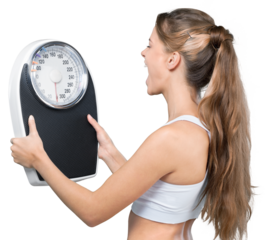Portrait of a Fit Woman Shouting to a Weight Scale