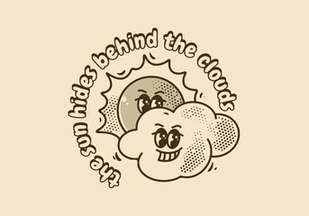 Vintage mascot character design of smiling sun and clouds