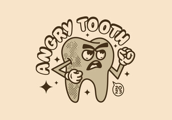 Vintage mascot character design of a tooth with angry face
