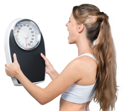 Portrait of a Fit Woman Shouting to a Weight Scale