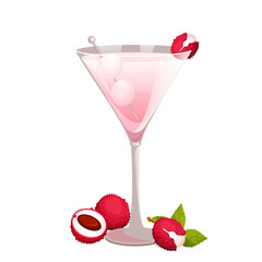 Martini with lychee.Classic alcoholic cocktail with vermouth and lychee fruits.Vector illustration.