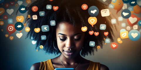 Social media addiction concept. Young woman surrounded by app icons. Generative AI, - obrazy, fototapety, plakaty