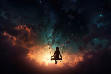 silhouette of a girl on a swing, in the night sky, Generative AI