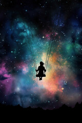 Obraz na płótnie Canvas silhouette of a girl on a swing, beautiful galaxy background, Generative AI