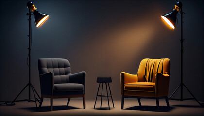 Stylish interior, two chairs, studio light, interview scene. Al - obrazy, fototapety, plakaty