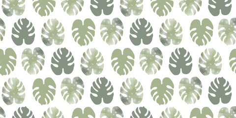 Fototapeta na wymiar Tropical vector seamless pattern with watercolor green monstera leaves on white background for textiles, covers, backgrounds, wallpapers, wrapping paper