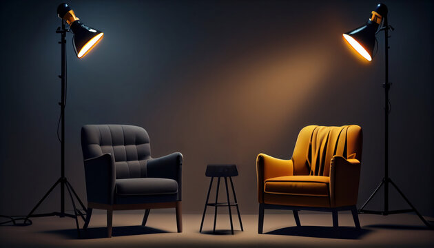 Stylish Interior, Two Chairs, Studio Light, Interview Scene. Al