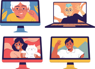 Emotions of elderly people on the computer screen. Vector illustration.