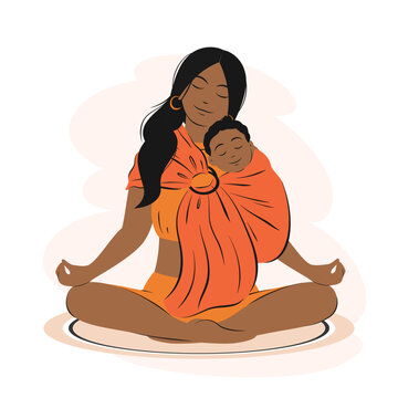 Young African American Woman Is Holding A Baby In A Sling And Meditates. Сhild Feeling Love From His Mother. Calm Parent, Motherhood  And Stress Relief At Home. Happy Mother's Day. 