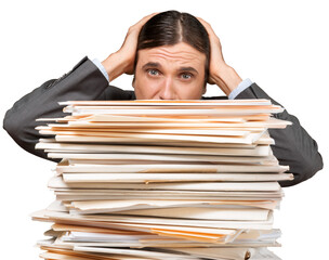 Portrait of a Desperate Employee Behind a Stack of Folders