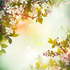 Spring background with blooming trees and sunlight, Generative AI