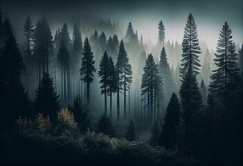 high resolution misty forest panorama. Generative AI