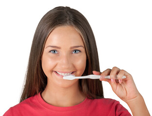 Portrait of beautiful young girl cleaning teeth with toothbrush on a white background