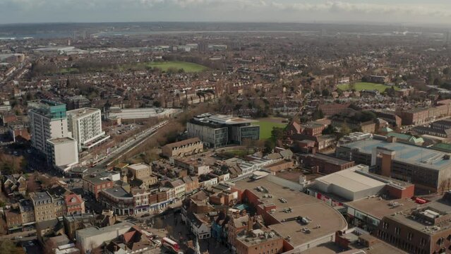 Aerial slider shot over Enfield town centre North London