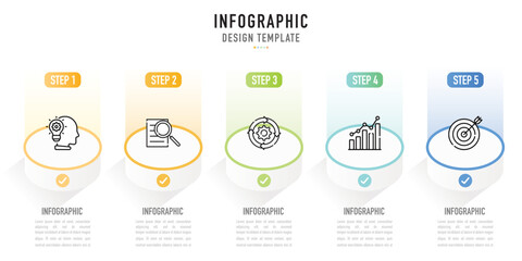 Circular isometric infographic template, element with 5 step, process, option, colorful circle, icons, rectangle, label, tag, button, stage, origami paper, gradient light for sale slide, modern style