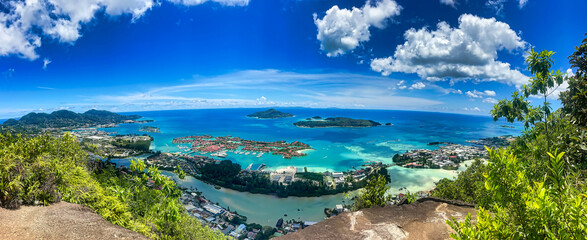 Panoramic view point of eden island, marine park island and Praslin and la Digue, Mahe Seychelles