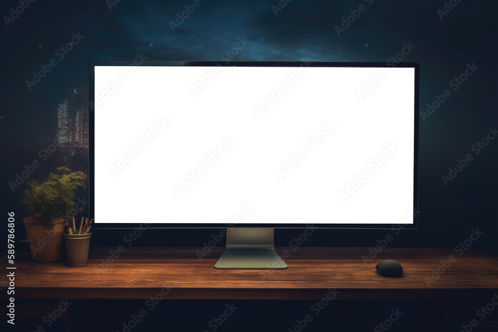 Poster computer monitor with blank space for a photo or picture. monitor with cityscape as the desktop back