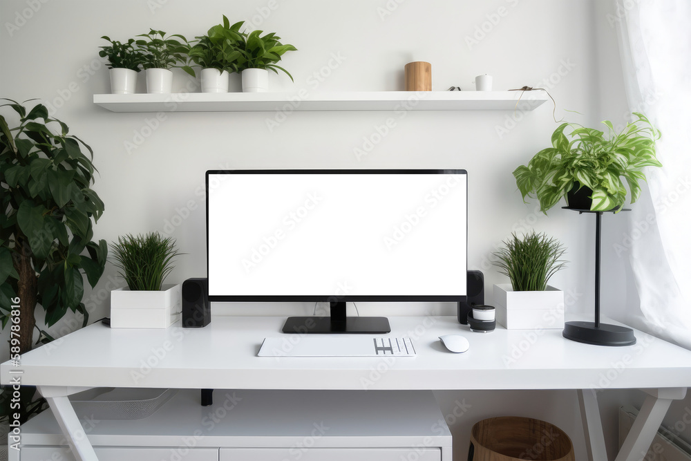Poster computer monitor with blank space for a photo or picture. modern white monitor with minimalist setup