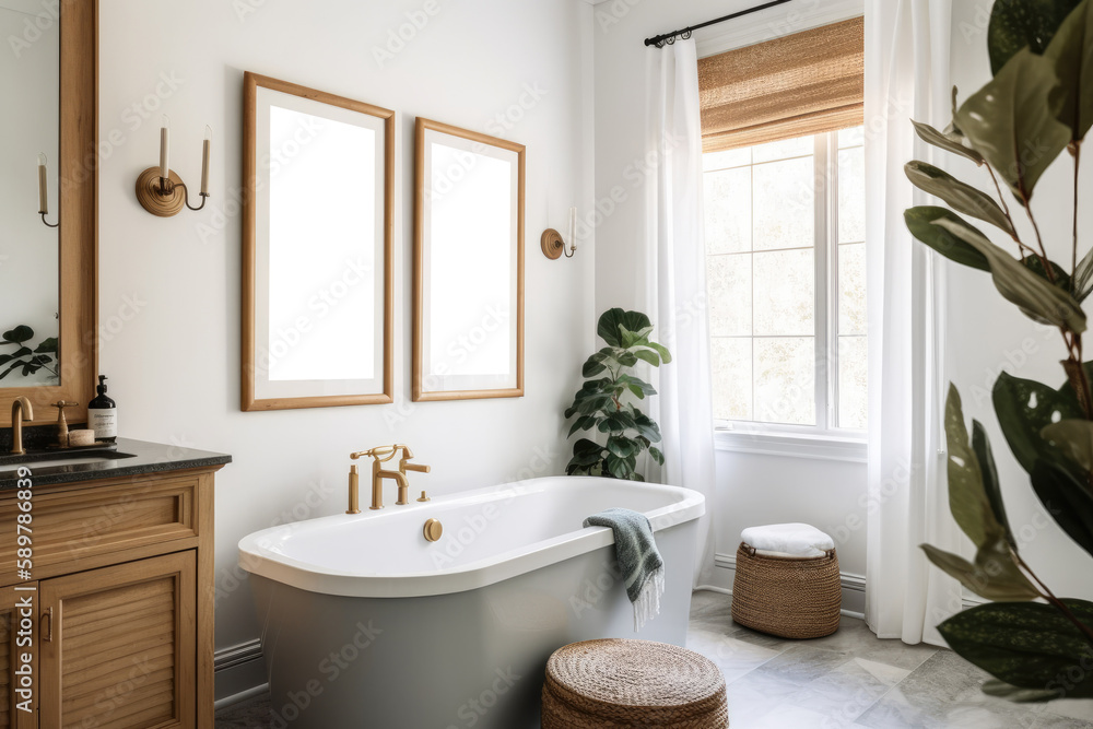 Poster frame with empty space for a photo or picture. elegant bathroom with framed botanical print above th