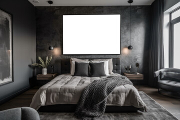 Frame With Empty Space For A Photo Or Picture.Modern Bedroom With Large Black And White Photo In Thin Silver Frame. Isolated Transparent, Png. Generative AI