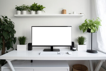 Computer Monitor With Blank Space For A Photo Or Picture. Modern White Monitor With Minimalist Setup And Plant On The Desk. Isolated Transparent, Png. Generative AI