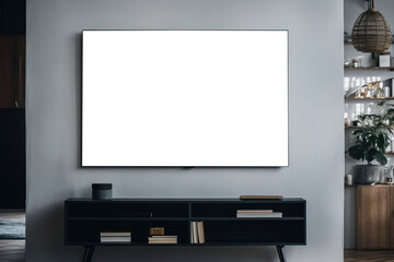 Tv Frame With An Empty Space For A Photo Or Picture. Tv Mounted On Wall With Gallery Of Artwork Surrounding It. Isolated Transparent, Png. Generative AI