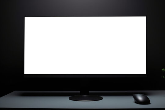 Computer Monitor With Blank Space For A Photo Or Picture. Sleek Black Monitor With Minimalist Desktop Background. Isolated Transparent, Png. Generative AI