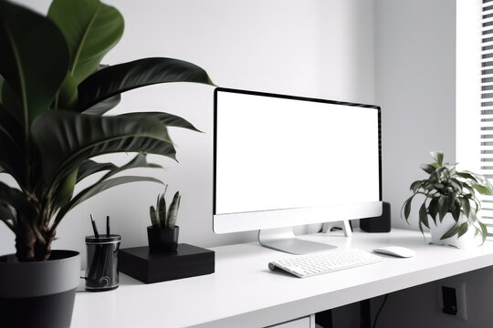 Computer Monitor With Blank Space For A Photo Or Picture. Sleek And Modern Monitor On White Desk With Plant. Isolated Transparent, Png. Generative AI
