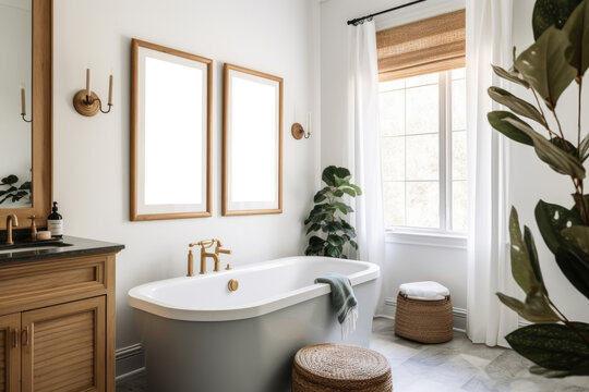 Frame With Empty Space For A Photo Or Picture. Elegant Bathroom With Framed Botanical Print Above The Bathtub. Isolated Transparent, Png. Generative AI