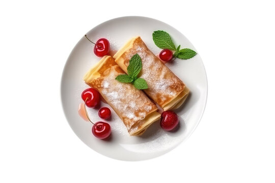 Nalysnyky Crepes Filled With Cottage Cheese Dish On White Background, Top View. Isolated Transparent, Png. Generative AI