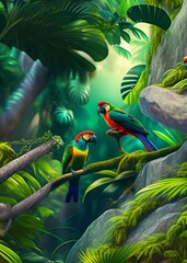 Tropical parrot in the jungle with generative AI