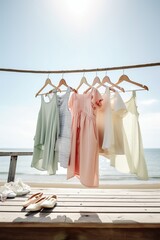 Breezy Summer Attire and Accessories Hanging on Clothesline

