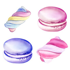  Pink and blue sweets. Set of watercolor sweets isolated on white background.