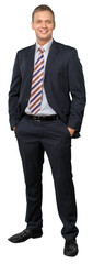 Portrait of happy businessman on background