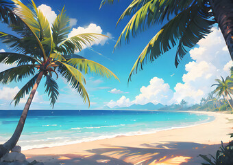 Obraz na płótnie Canvas ヤシの木がある南国のビーチ　夏の海　バカンス　イラスト　generative ai