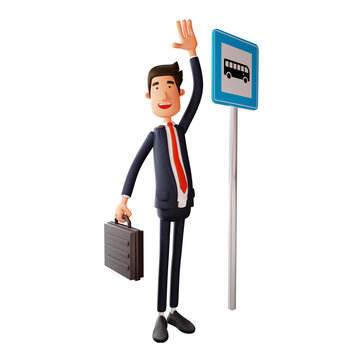 3D illustration. 3D Male Cartoon Character Standing at Bus stop. while waving and holding the suitcase. with a laughing expression. 3D Cartoon Character