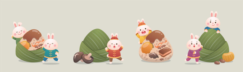 Fototapeta na wymiar 4 kinds of cute rabbits and Chinese Dragon Boat Festival traditional food Zongzi, glutinous rice wrapped in bamboo leaves