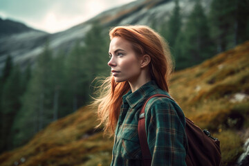 Beautiful Young Woman Hiking In The Mountains. Hiking, Trekking, Backpacking, Camping In The Mountains Concept.