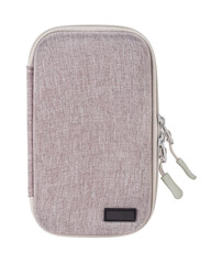 Gray textile case with a zipper isolated on a white background. Case for gadgets and devices.