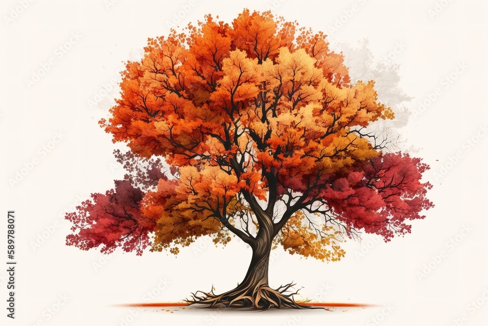 Poster drawing of a lone autumn tree on a white backdrop generative ai