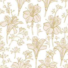 Seamless vector pattern with alstroemeria in beige tones.