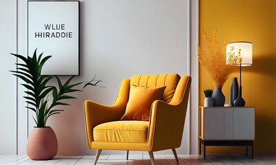 Warm toned living room interior wall mockup with a yellow armchair and a background of a white wall. Generative AI