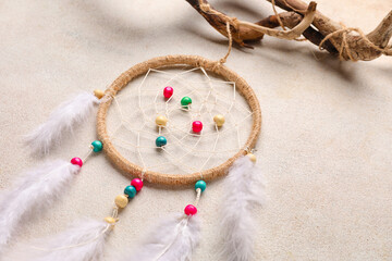 Dream catcher with tree branch on light background, closeup
