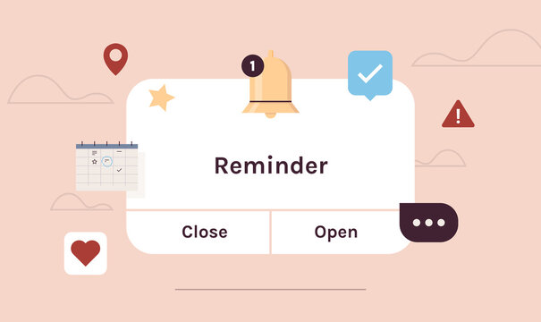 Reminder, notification page with floating elements and business planning, events, timetable flat illustration.	
