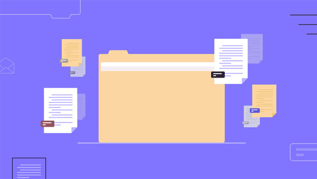 Documents organizing and folder file management paperwork data archive flat illustration.	
