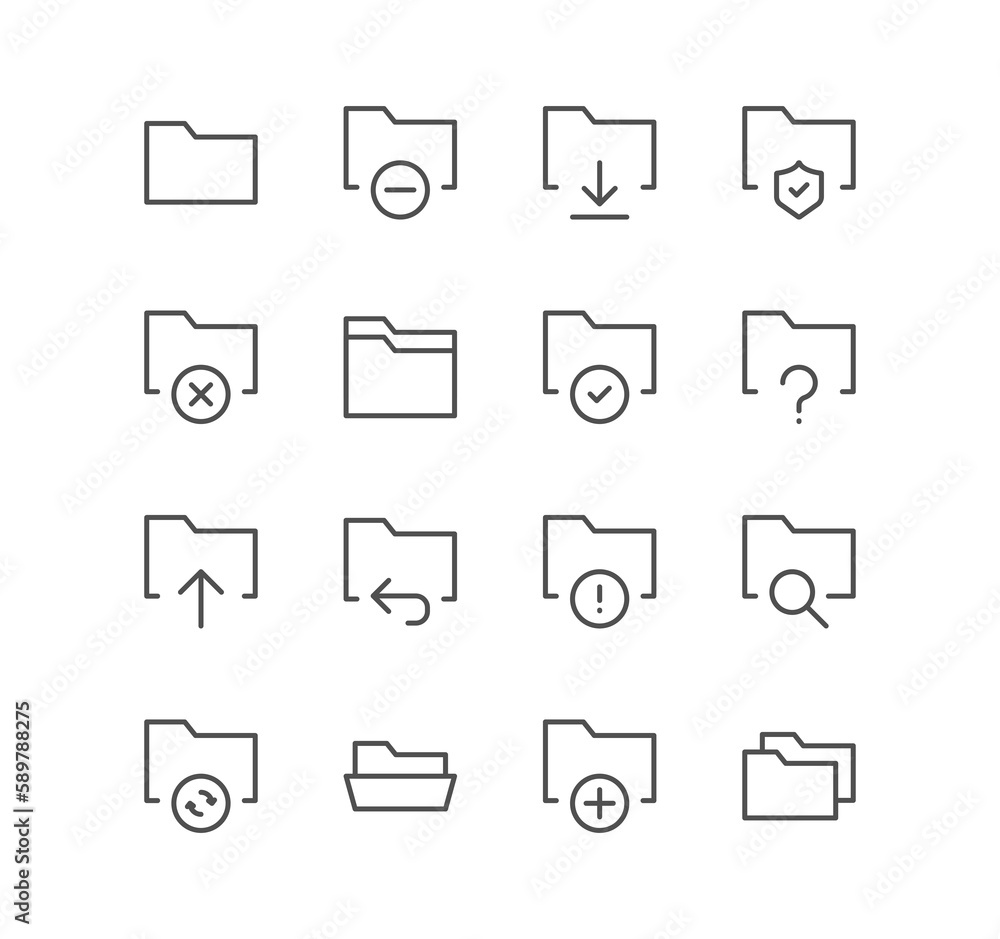 Poster set of file and folder related icons, repository, sync, network folder and linear variety symbols.