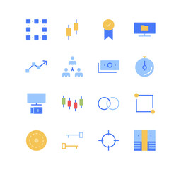 Set of cryptocurrency and finance icons, trade, mining, growth, money, exchange and flat line variety symbols.	
